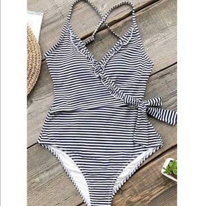 Navy and white Striped Bathing Suit